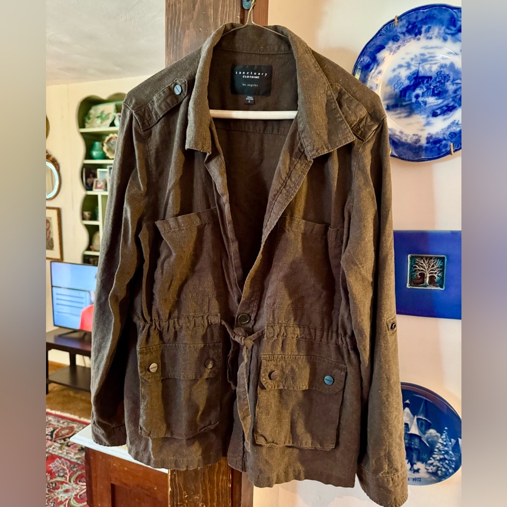 Sanctuary Utility Washed Linen or Linen Blend Jacket Size Large Dark Olive Green